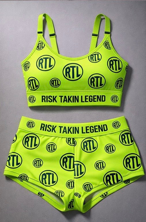 RTL Lime green  & black Sports Bra & Boy Shorts set (All-Over Print)